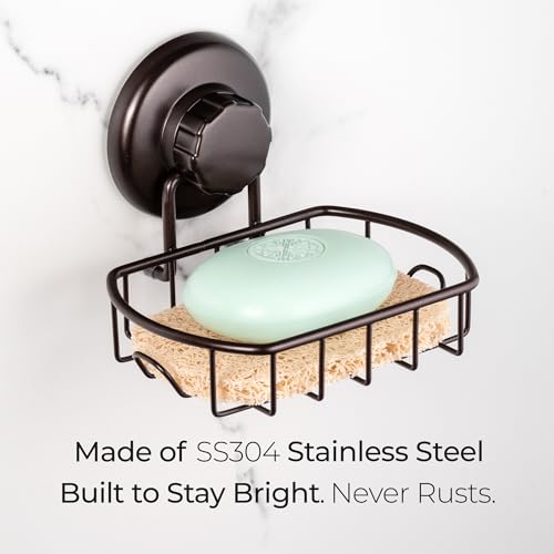 HASKO Suction Cup Soap Dish for Shower Wall, Rustproof Stainless Steel, Shower Soap Holder with Hooks, Includes Optional No Drill Adhesive Mount for Bathroom and Soap Saver, Bronze - color: Bronze