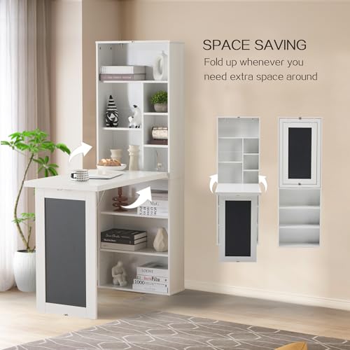 Folding Desk with Storage,Foldable Convertible Writing table with Blackboard and Shelves,Wall Mount Fold Out Table Cabinet , Space-Saving Murphy Desk Multi-Function Home Office Workstation (White) - color: White