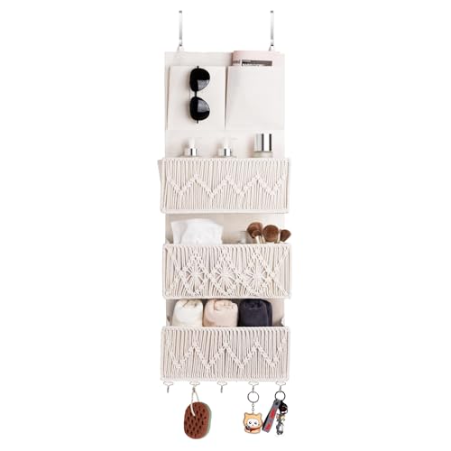 ANTIS'S HOME Over The Door Organizer Boho Bedroom Decor Nursery Storage with 3 Large Woven Pockets, Macrame Nursery Organizers and Toys Storage, Behind Door for Bathroom, Beige Back of Door Organizer - size: Beige-3 Pockets