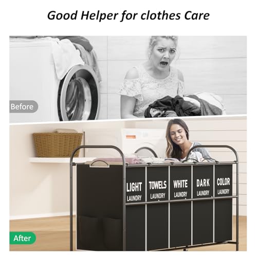 5-Section Laundry Sorter Cart, Large Laundry Hamper with Lockable Rolling Wheels, Versatile Storage Organizer with Removable Bags for Dirty Clothes, Black - color: Black