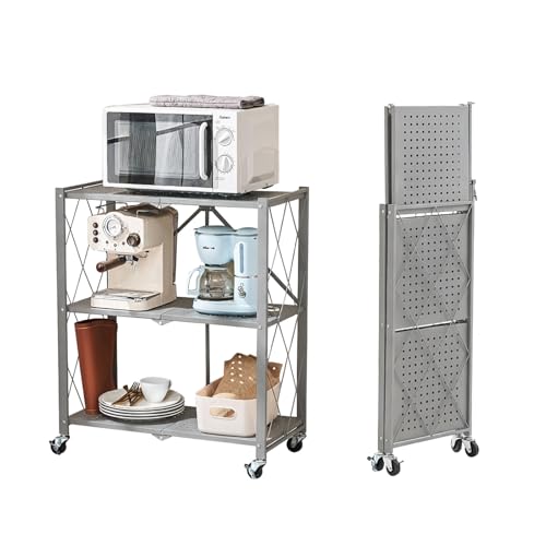 BRIAN & DANY 3-Tier Foldable Storage Shelves with Wheels, No Assembly Folding Shelf Metal Rack, Shelving Unit for Kitchen, Garage, Gray - color: Grey, size: 3-tier