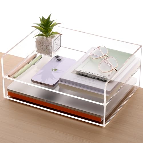 SANRUI Acrylic Paper Tray Organizer for Desk,Desk Organizers and Accessories,2 Pack Stackable Paper Organizer for Letter,Documents,Books,Magazines Crystal-Clear File Organizer - style: A4 Horizontal File Trays 2 Tier