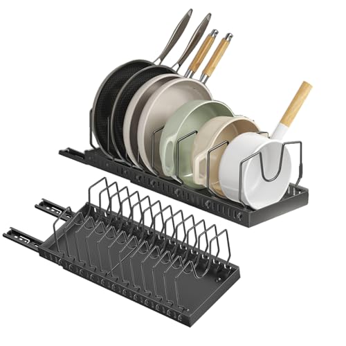 pots and pans organizer under cabinet,pot lid organizers inside cabinet holders for kitchen,Horizontal and vertical pulling modes,cast iron storage ((2pcs) Black vertical) - size: (2pcs) Black vertical