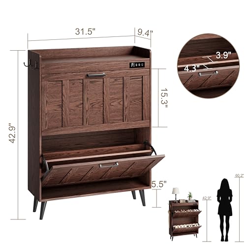 ChooChoo Shoe Storage Cabinet with 2 Flip Drawers, Deodorizing Shoe Organizer Storage for Entryway, Freestanding Hidden Slim Narrow Shoe Rack Cabinet, Walnut - color: Walnut, size: 2-Drawers
