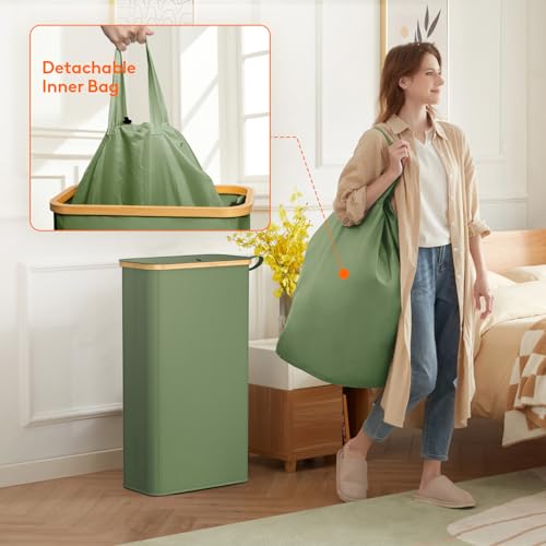 Lifewit 65L Slim Laundry Hamper with Lid, Narrow Laundry Basket with Removable Bag & Bamboo Handles, Fodable Thin Dirty Clothes Hamper for Laundry Collapsible Bin for Bathroom Bedroom Dorm, Green - color: Green, size: 65L