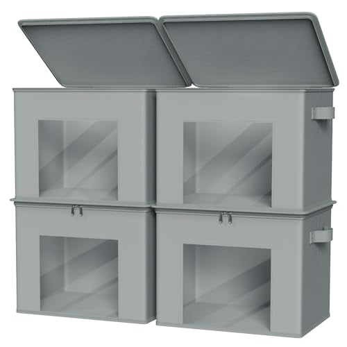Zilink Fabric Storage Bins with Lid 4-Pack Stackable Closet Storage Bins Sweater Organizer with Zipper & Clear Window Closet Organizers and Storage Box for Home, Bedroom (Light Grey,17" x 12" x 12") - color: Light Grey