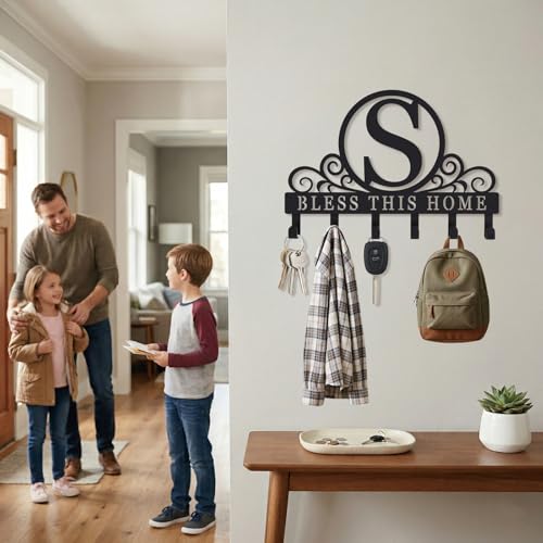 Personalized Metal Monogram Key Holder Wall Mount, Custom Letter Metal Key Holder for Wall Key Hooks Coat Rack, Perfect for Bathroom, Living Room, Kitchen - style: S