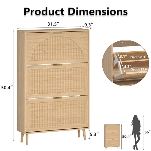 BORNOON Shoe Cabinet for Entryway with 3 Flip Drawers, Slim Wooden Shoe Storage Organizer with Modern Fluted Pannel，Freestanding Narrow Hidden Shoe Rack for Hallway, Foyer, Living Room - color: Oak, size: 3 Flip Drawers