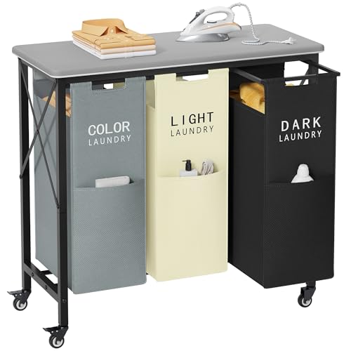 Gewudraw 3 Section Laundry Sorter with Ironing Board, Laundry Hamper with Removable Bags, Heavy-Duty Rolling Laundry Cart with Lockable Wheels for Bathroom Bedroom - color: Gray+Beige＋Black