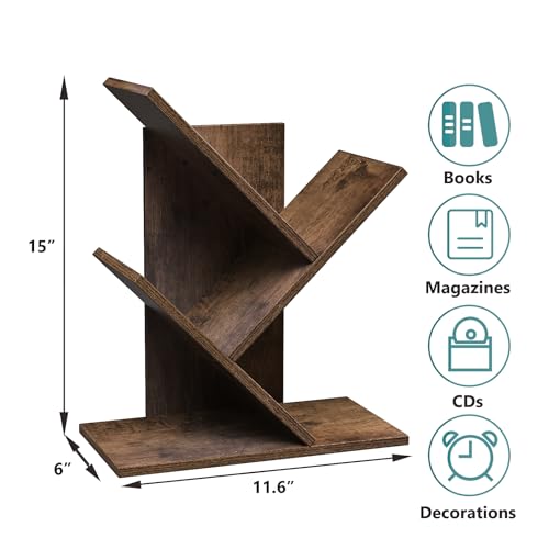 R RUISHENG 3 Tier Small Tree Bookshelf Desk Book Organizer Narrow Bookcases for Books Magazines CDs Free Standing Retro Wooden Storage Shelves for Home Office Bedroom Living Room Rustic Brown - color: Rustic Brown