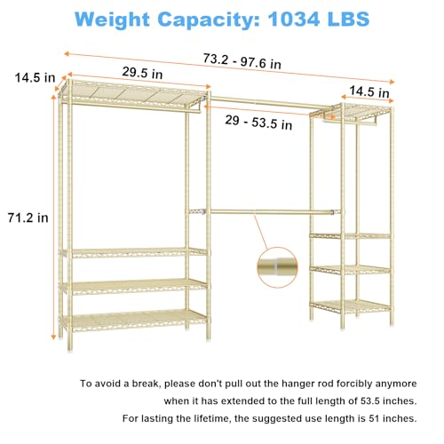 Ulif E11 Heavy-Duty Garment Rack, Metal Freestanding Clothes Rack and Closet Storage Organizer System with 8 Shelves and 4 Hanger Rods, (73.2-97.6)" W x 14.5" D x 71.2" H, Load 1034 LBS, Gold - color: Gold