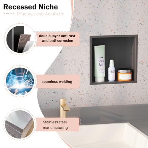 12x12 Matte Black Shower Niche - Stainless Steel Tile-Ready Bathroom Storage for Small Showers - color: Black, size: 12 * 12 in