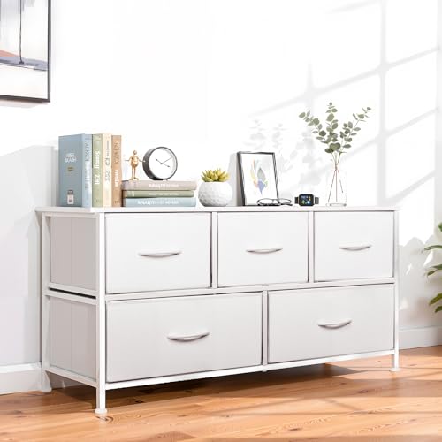 SHAWKEN Dresser for Bedroom with 5 Drawers,Fabric Dresser with One-Piece Steel Frame,Budget-Friendly Organizer for Closet, Hallway, Studio Apartment (Leather White) - color: Leather White