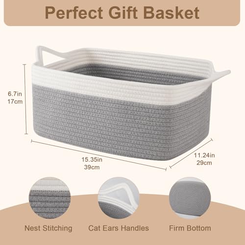 OIAHOMY 19L Woven Basket, Gift Basket Empty with Gift Bags and Ribbons, Rope Baskets for Baby Showers, Storage Baskets with Handles for Nursery, Pet Toy Organizer - Grey & White - color: Grey & White, size: Large: 15.35L*11.42W*6.7H