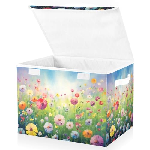 xigua Colorful Flowers Storage Bins with Lids and Carrying Handle,Foldable Storage Boxes Organizer Containers Baskets Cube with Cover for Home Bedroom Closet Office - color: Colorful Flowers