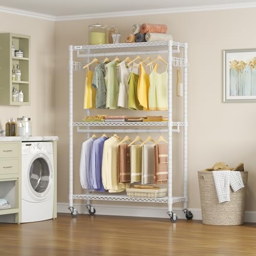 VIPEK R2 Plus Rolling Garment Rack 3 Tiers Adjustable Wire Shelving Clothes Racks with Wheels, Freestanding Wardrobe Storage Rack Heavy Duty Metal Clothing Racks for Hanging Clothes, White - color: White, size: R2 Plus