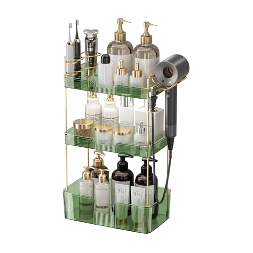 Akinbas 3 Tier Bathroom Organizer Countertop Makeup Perfume Tray Skincare Organizer Comes with Hair Dryer Rack and Toothbrush Holder for Bathroom Dresser Vanity (Green) - color: Green, size: NEW-3 Tier