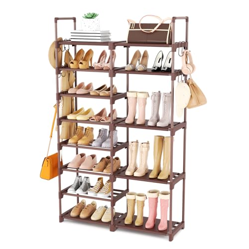ROJASOP Shoe Rack Organizer, 8-Tier Metal Shoe Rack for Closet Entryway Garage, 26-32 Pairs Tall Shoe Boot Storage Shelf with 15 Hooks, Stackable Large Shoe Stand, Brown - color: Brown