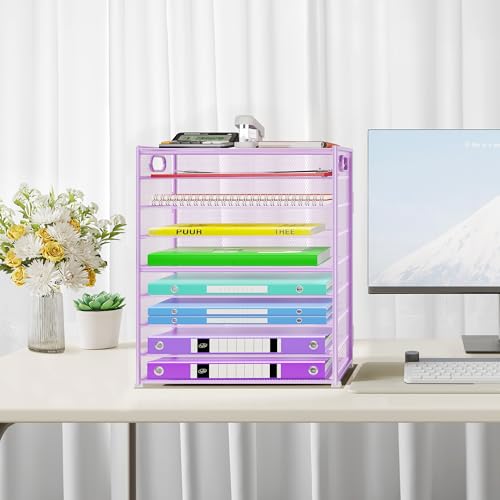 Cawukege 9 Tier Paper Organizer with Handle, 2 Pack Large Capacity Desk Organizer Mesh Paper Letter Tray File Folder Document Sorter for Classroom and Office Accessories Organization- Purple - color: 2 Pack - Purple