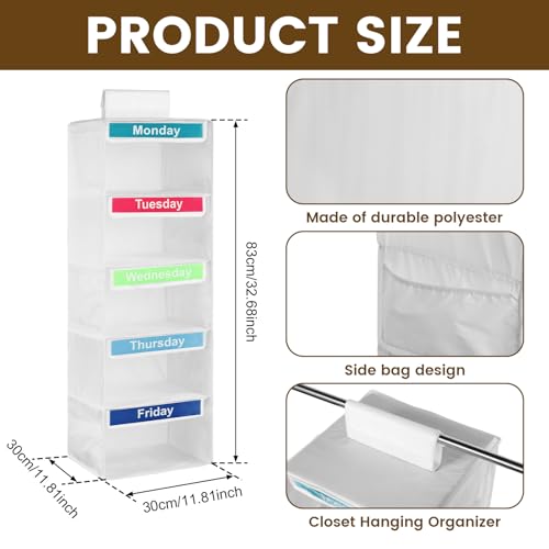 Weekly Clothes Organizer for Kids, Monday-Friday Daily Clothes Organizer and Storage, 5 Shelf Polyester Door Hanging Closet with Color Labels for Days of The Week Clothes Diaper Hats Bags Organization - color: white