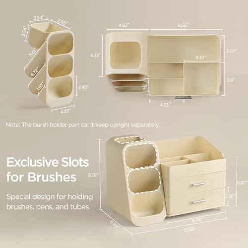 HBlife Makeup Organizer with Brush Holder for Vanity, Large Plastic Bathroom Countertop Organizer Skin Care Storage, Easy to Store Lipsticks, Nail Polishes, Perfumes, Eyeshadow Palettes, All Beige - color: All Beige, size: Large