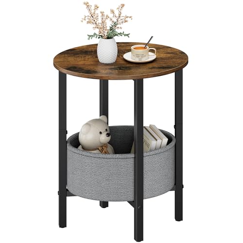 Vagusicc Round Side Table End Table with Storage Basket, Small Side Table Round Nightstand for Small Spaces, Tall Oval End Table with Steel Frame, Coffee Bedside Table for Living Room, Rustic Brown - color: Rustic Brown