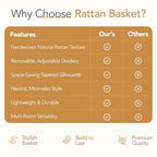 Nature-Inspired Rattan Pantry Organizer Baskets Set of 2 with 3 Removable Dividers – Handwoven Storage Bins for Kitchen or Bathroom Organization, Ideal for Snacks, Coffee & Tea (13” x 7.3” x 3.7”)