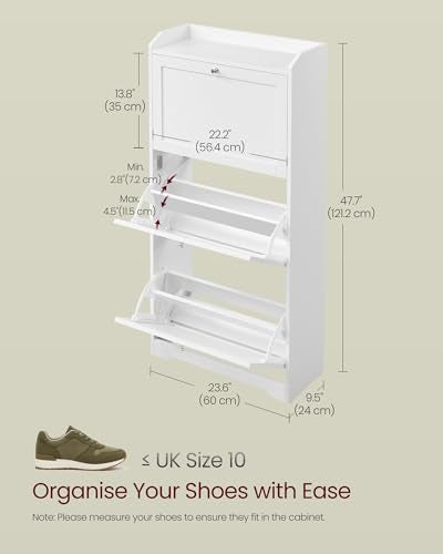 VASAGLE Shoe Cabinet with 3 Flip Drawers, Shoe Organizer, Adjustable and Removable Dividers, Holds 12-20 Pairs, Entryway, 9.4 x 23.6 x 47.7 Inches, Cloud White ULBC036WB02S - color: Cloud White, size: 9.5"D x 23.6"W x 47.7"H, style: shoe cabinet