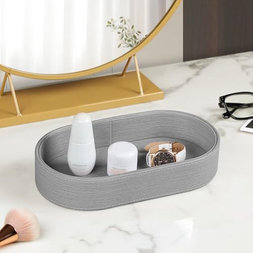 Oval Desk Valet Tray, PU Leather Perfume Dish Bowl for Keys Wallet Watch, Decorative Trinket Vanity Jewelry Tray, Entryway Nightstand Organizer Women Men (Grey) - color: Gray