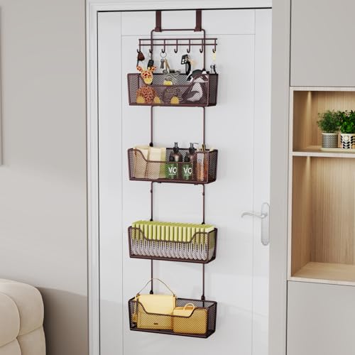 HapiRm Over The Door Organizer - Hanging Door Organizer with 4 Metal Large Capacity Baskets and Adjustable Coat Hook for Bathroom Bedroom Kitchen Pantry Closet Cabinet - color: Brown