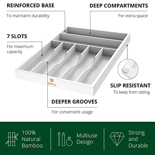 ROYAL CRAFT WOOD Luxury Bamboo Kitchen Drawer Organizer - Silverware Organizer - Utensil Holder and Cutlery Tray with Grooved Drawer Dividers for Flatware and Kitchen Utensils (7 Slot, White) - color: White, size: 7 Slot