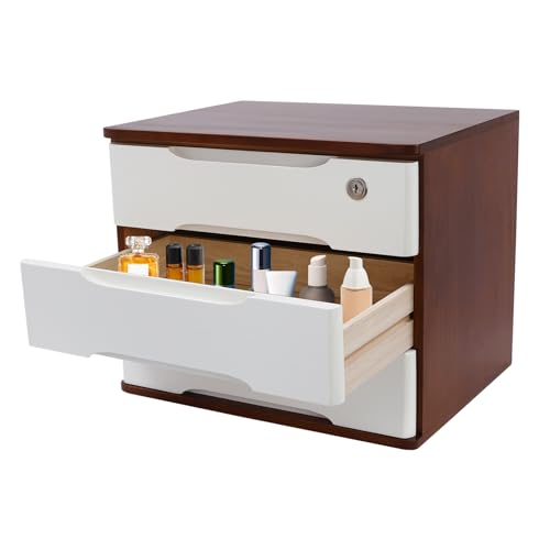 3-Tier Desk Organizer with Lockable Drawers,1 Locks & 2 Keys, Wooden Desktop Storage Box, Categorized Storage Desktop File Cabinet((Walnut, White) - color: Walnut/White-3 Tiers