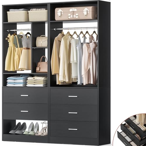 Besiost 4FT Closet Systems with 5 Wood Drawers, 48 Inch Closet Organizer System with 2 Hanging Rods & 7 Shelves, Heavy Duty 48" Walk-in Closet, Black (48"L x 15" W x 80" H) - color: Black