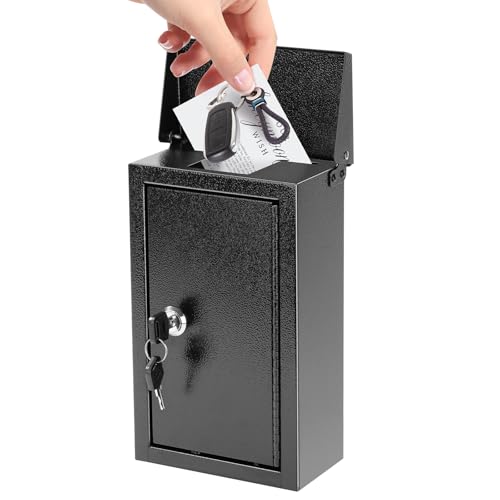 xydled Wall-Mounted Key Drop Box with Key Lock, Metal Mailbox, Indoor& Outdoor Storage Box, Hanging Secured Postbox, for Home & Business Use, 5.5X 3.0X 9.8 inch, Black - style: Key Lock