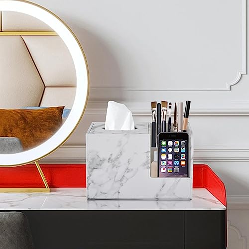 PU Leather Tissue Box Cover Square-Multifunctional Bathroom Tissue Box Holder/Organizer with 2-Compartment,Remote Control Holder,Decorative Tissue Box Covers Cube,Home Office Desktop Storage box,White - color: White