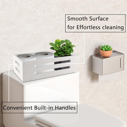 Toilet Paper Storage Basket with Handles, Wicker Toilet Tank Basket, Wooden Bathroom Basket Organizer for Rustic Decor, Space-Saving Wicker Bins for Bathroom or Guest Room-White - color: White