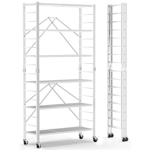 Himix 6 Tier Foldable Storage Shelves, Expandable Folding Bookshelf with Wheels, Changeable into 2 Shelf Units, Collapsible Adjustable Storage Rack Metal Shelves for Garage Kitchen, Basement, White - color: White, size: 6-Tier