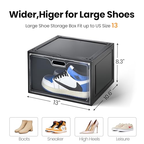 Amllas 8 Pack Shoe Boxes Black Plastic Stackable, Large Shoe Storage Organizer,Drop Side Front Shoe Containers for Entryway,Sneaker Storage Fit up to US Size 13 for Men/Women(13’’x 10.6”x 8.3”) - color: Black