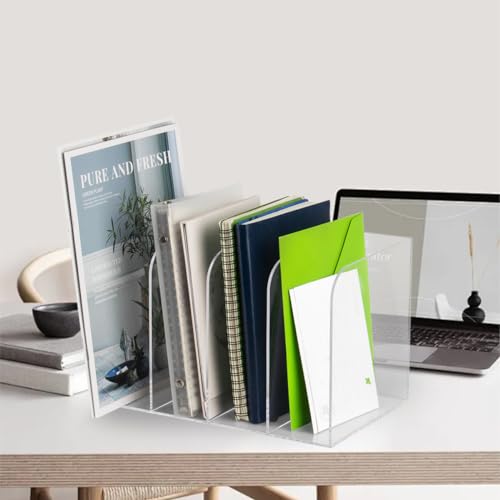 Jumyee Acrylic Magazine File Holder, Vertical Desk File Organizer Sorter with 4 Compartments, Clear Mail Organizer Office Organization Storage Binder Holder for Desk, Magazine, Books - size: 4 Sections