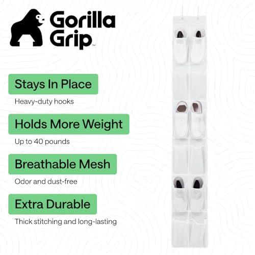 GORILLA GRIP Over the Door Shoe Organizer, 12 Large Breathable Mesh Pockets, Space Saving Hanging Storage Holder, 2 Hook Closet Rack Hanger, Hangs on Closets for Shoes, Accessories, 64H x 9.5W White - color: White, size: 12 Pockets/2 Hooks