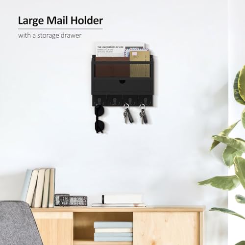 Nekon Mail Organizer with Drawer for Wall, 12"W x 10"H x 3.1"D Mail Sorter Wall Mounted, Wooden Key Holder Wall File Organizer Letter Sorter for Letter Magazines (Black) - color: Black