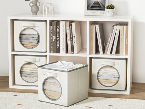Vailando Ultra Thick Fabric Foldable Storage Cubes with Mesh Window - 11 Inch Cube Storage Organizer for Clothes, Shelves, Offices, Toys & Misc, White & Ivory, 4 Pack - color: White & Ivory, size: 4pcs-Cube 11"