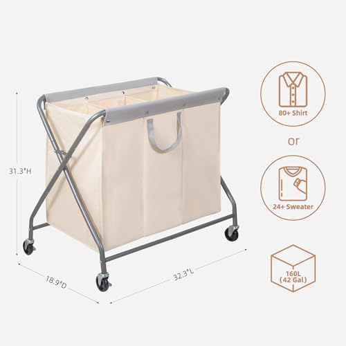 STORAGE MANIAC 160L Collapsible Laundry Hamper with Wheels, Rolling Laundry Basket, Heavy Duty Cloth Sorter with Removable Bag, Folding X Frame Clothes Organizer Cart for Easy to Store, 3 Section - size: 3 Section