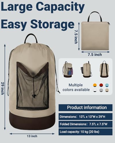 Laundry Bag with Shoulder Straps and Mesh Pocket Laundry Backpack Large Portable Laundry Hamper for College Laundromat Apartment - color: Khaki & Brown