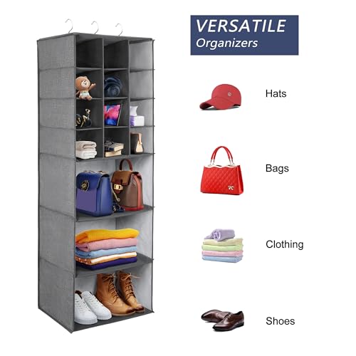 Libeder Shoe Organizers for Closet, 15 Shelf Hanging Closets Storage Shelves,12 Rack Organizer 3 Large Compartment for Clothes, Space Saving for Shoes with 3 Metal Hook(Grey) - color: Grey-1