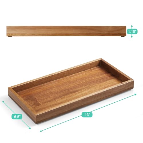 ALELION 13" Bathroom Vanity Tray for Counter - Acacia Wood Decorative Tray for Toilet Tank Makeup Perfume Jewelry Catchall Coffee Table - Wooden Kitchen Countertop Organizer for Soap Dispenser - color: Acacia, size: 6.5" x 1.2" x 13"