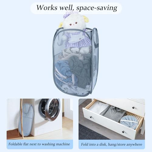 Upgraded 100L Extra Large Collapsible Laundry Hampers. Pop Up Laundry Basket Mesh with Pocket, Fold Compact, Large Hold Portable Travel Laundry Bag for Dorm Storage Bin, Grey. V - color: Grey, size: Single XL Vertical