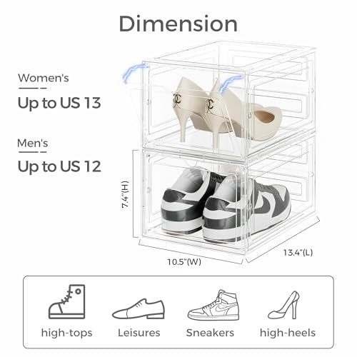 Pinkpum Upgraded Hard Shoe Storage Box 12 Pack X-Large Fit Size 12, Thicken & Sturdy Clear Plastic Stackable Shoe Organizer Box Closet, Sneaker Storage Display Case Holder Bins with Magnetic Door - color: Clear, size: 12 pcs
