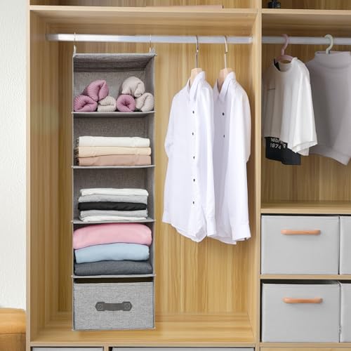 Large Hanging Sweater Organizer for Closet,Collapsible 6-Shelf Hanging Closet Shelves with Drawers, Washable (Grey-5 Shelf-1 d) - color: Dark Gray, size: 5 Shelf with 1 drawers