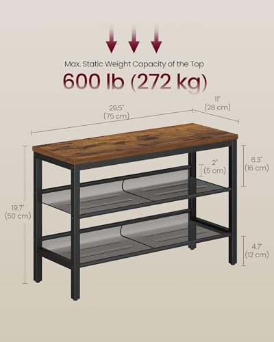 VASAGLE 3 Tier Shoe Rack Bench, One Piece Shelves, Shoe Storage Organizer with Raised Edges, Industrial Style, Easy Assembly, 11 x 29.5 x 19.7 Inches, Rustic Brown and Matte Black ULSB070KD01S - color: Rustic Brown + Matte Black, size: 29.5"W